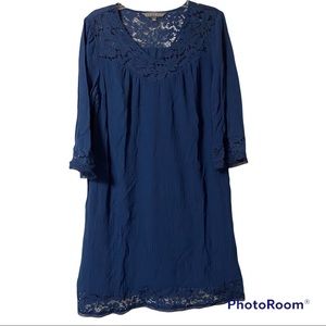 Sharagano Navy Blue Lace Detail Three Quarter Sleeve Dress Size L